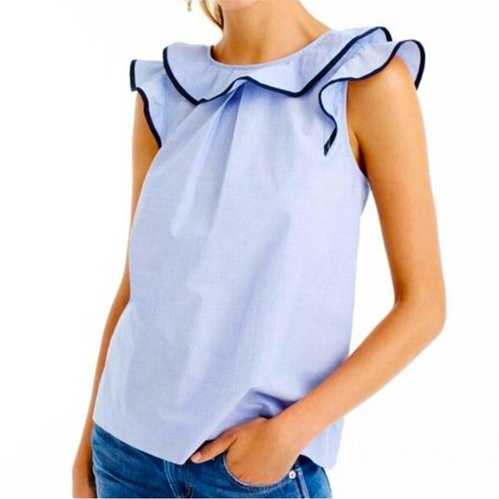 NWT J Crew Shirt Women 4 Blue Cotton Poplin Ruffled Top Preppy Nautical Coastal